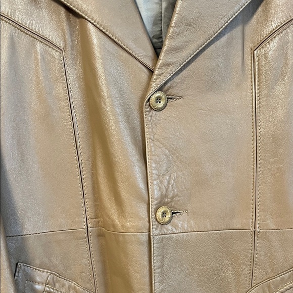 Vintage Tan Leather Jacket Lapel Collar Button Closure , Size 42/L - Picture 3 of 15